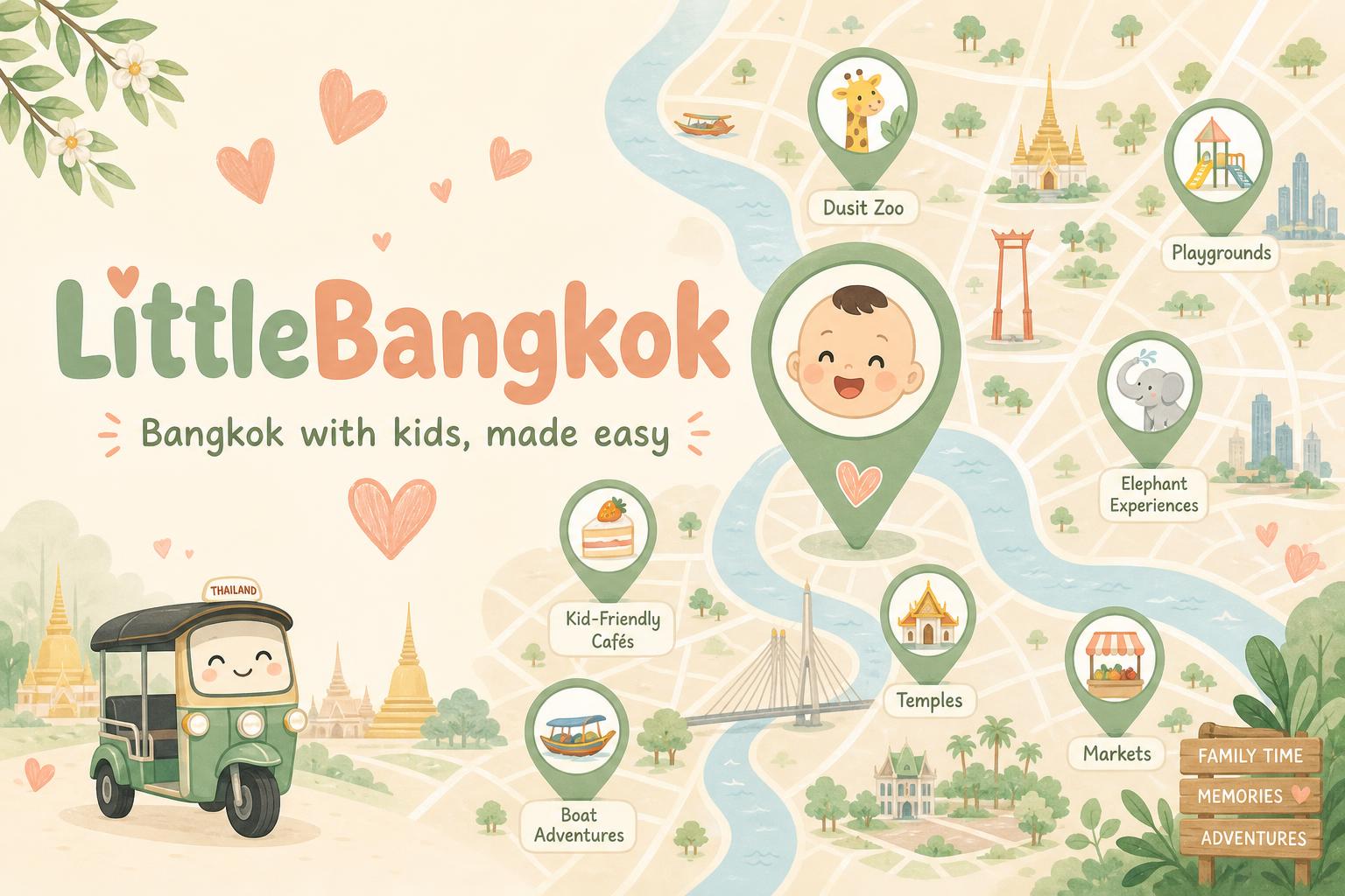 Illustrated map of Bangkok showing kid-friendly places